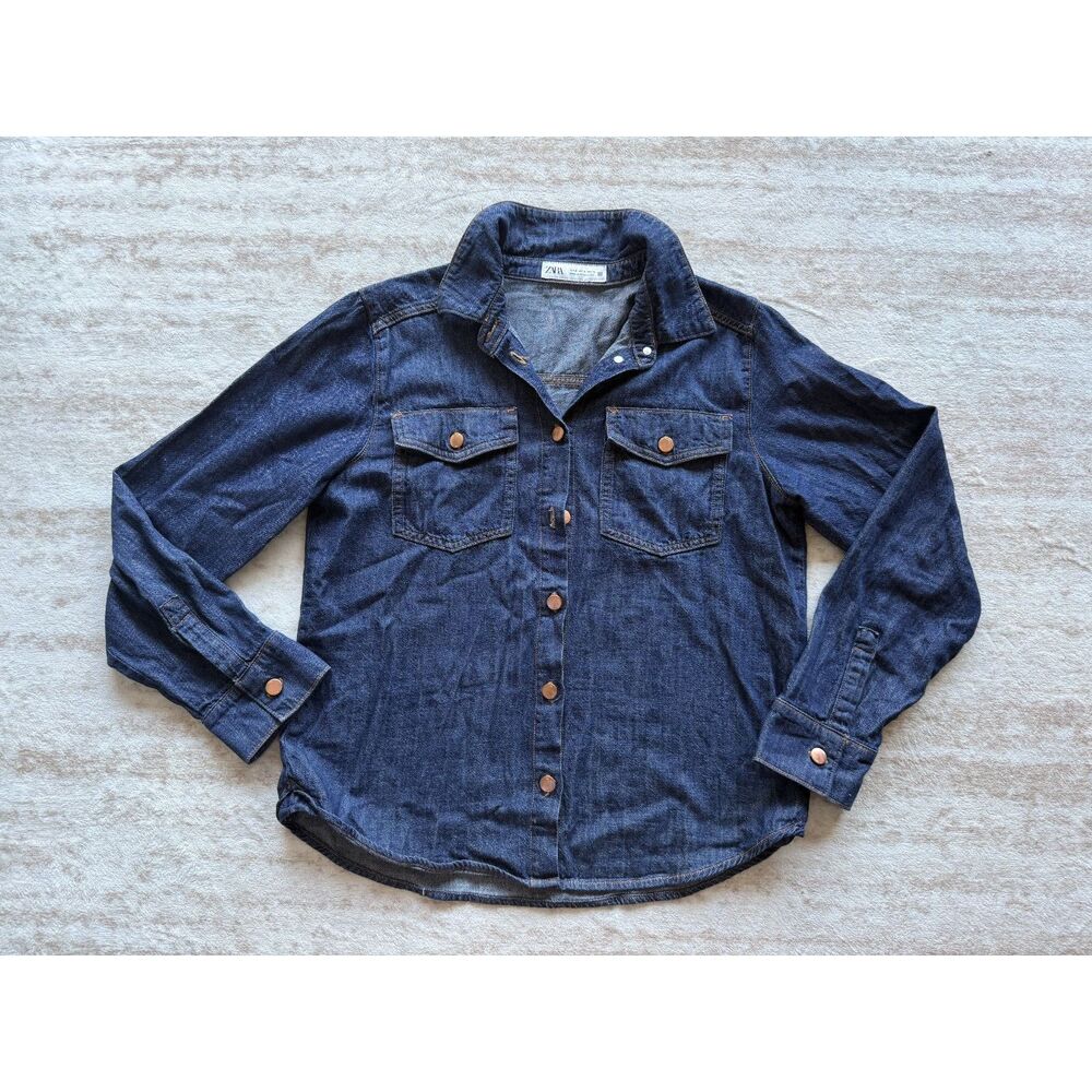 Zara Women’s Small Denim Button Down Shirt Dark Wash Long Sleeve Western Top